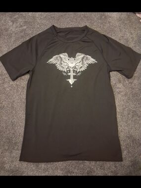 Black Graphic Y2k Short-Sleeve Men's Shirt with Eagle Cross Design